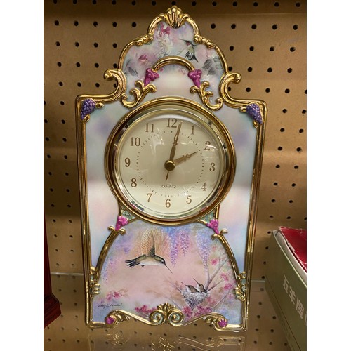 474 - BRADEX GARDEN WHISPERS PORCELAIN MANTLE TIME PIECE, VINTAGE CHINESE ALARM CLOCK, JEWELLERY BOX AND C... 