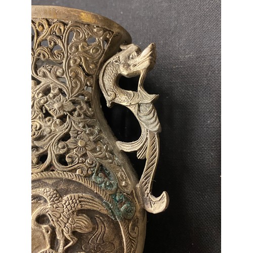 527 - CHINESE METAL WORK COMPRESSED BALUSTER VASE WITH DRAGON HANDLES IN A GLAZED CASE