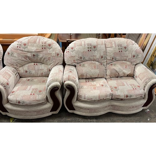 32 - OATMEAL AND TERRACOTTA FABRIC TWO SEATER THREE PIECE SUITE