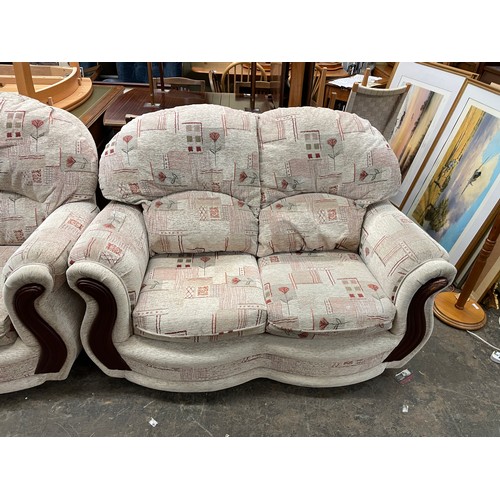 32 - OATMEAL AND TERRACOTTA FABRIC TWO SEATER THREE PIECE SUITE