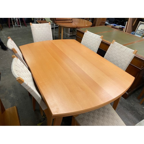 41 - BEECH EXTENDING DINING TABLE WITH SIX LATTICE WEAVE BACK CHAIRS