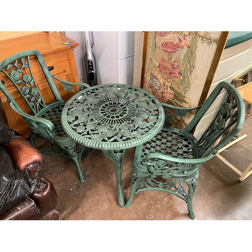 108 - VERDIGRIS EFFECT UPVC VICTORIAN STYLE PATIO TABLE AND TWO ARMCHAIRS