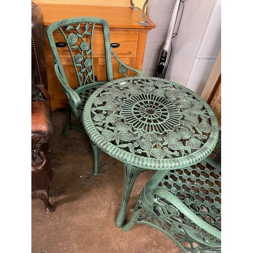 108 - VERDIGRIS EFFECT UPVC VICTORIAN STYLE PATIO TABLE AND TWO ARMCHAIRS