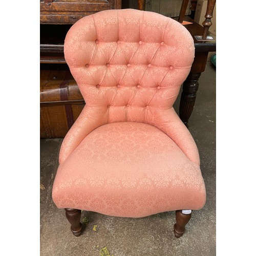 9 - VICTORIAN STYLE PINK BROCADE BUTTON BACK NURSING CHAIR