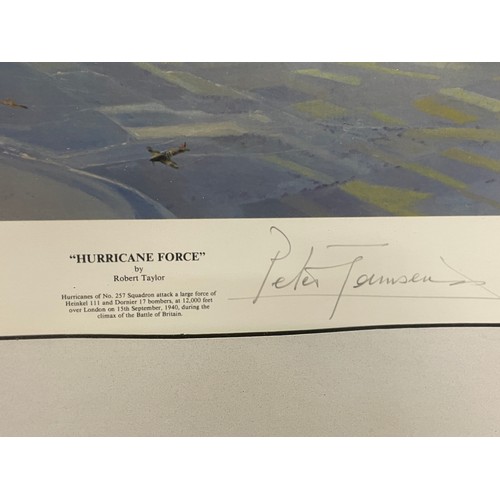 176 - WWII LITHOGRAPHIC PRINT HURRICANE FORCE BY ROBERT TAYLOR SIGNED IN PENCIL BY PILOTS