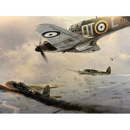 176 - WWII LITHOGRAPHIC PRINT HURRICANE FORCE BY ROBERT TAYLOR SIGNED IN PENCIL BY PILOTS