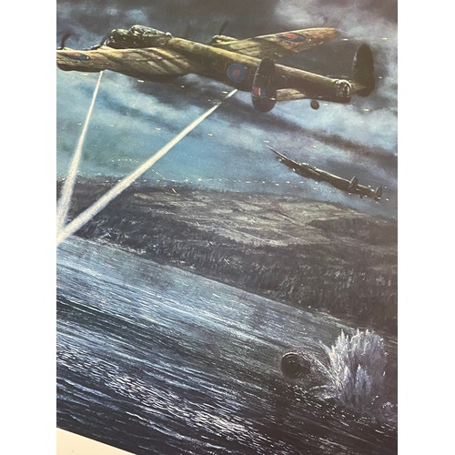 182 - WWII LITHOGRAPHIC PRINT THE DAMBUSTERS JOHNNY JOHNSON PENCIL SIGNATURE TITLE 617 SQUADRON, AND 50TH ... 