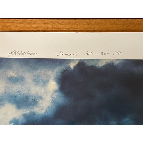 182 - WWII LITHOGRAPHIC PRINT THE DAMBUSTERS JOHNNY JOHNSON PENCIL SIGNATURE TITLE 617 SQUADRON, AND 50TH ... 