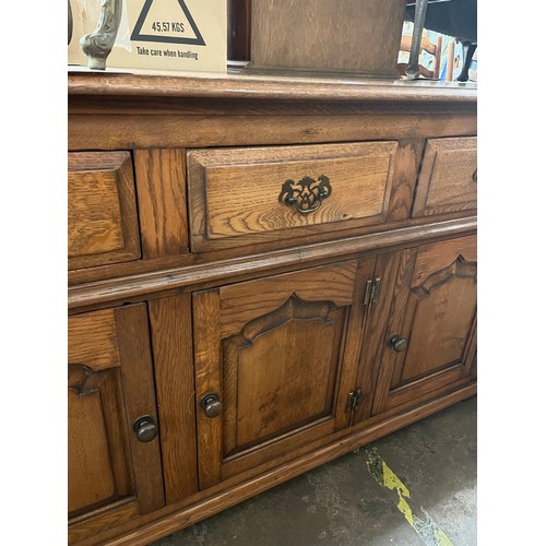 144 - REPRODUCTION MID 18TH CENTURY STYLE OAK DRESSER WITH FIELDED PANELLED DOORS