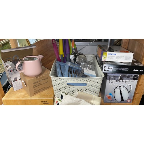 348 - SALTER KITCHEN SCALES, COFFEE AND TEA SERVER, NEW BOXED STAINLESS STEEL CUTLERY, JAMIE OLIVER CHOPPI... 