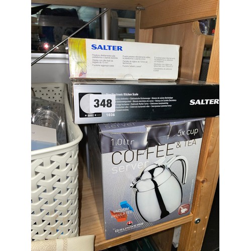 348 - SALTER KITCHEN SCALES, COFFEE AND TEA SERVER, NEW BOXED STAINLESS STEEL CUTLERY, JAMIE OLIVER CHOPPI... 