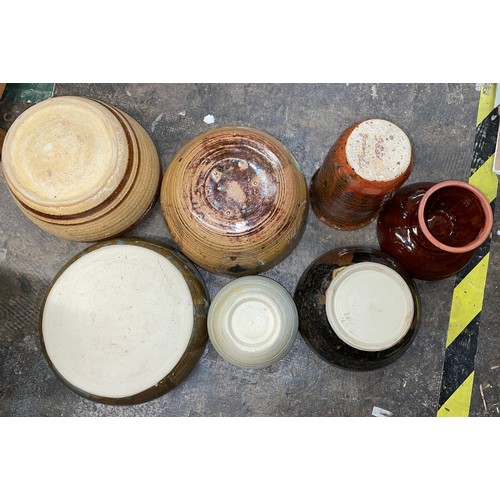 196 - SHELF OF STUDIO POTTERY BOWLS AND VASES