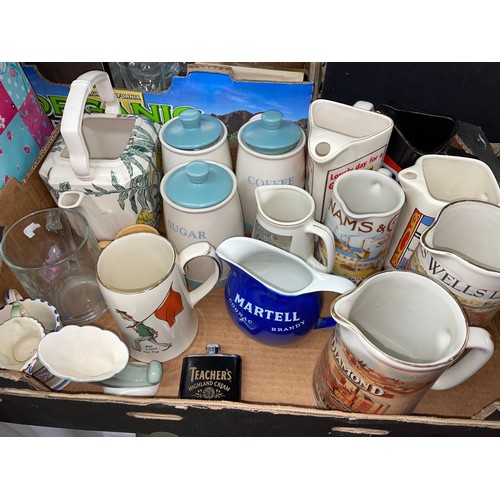 354 - CARTON CONTAINING PUBLIC HOUSE WATER JUGS, TEA COFFEE AND SUGAR CANISTERS