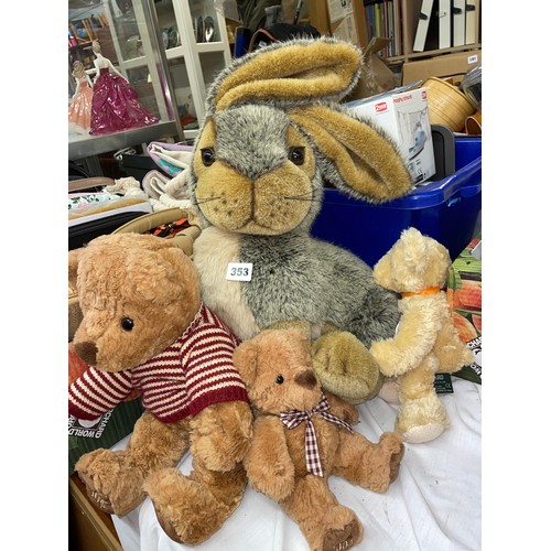 353 - RABBIT DOOR STOP AND VARIOUS TEDDY BEARS