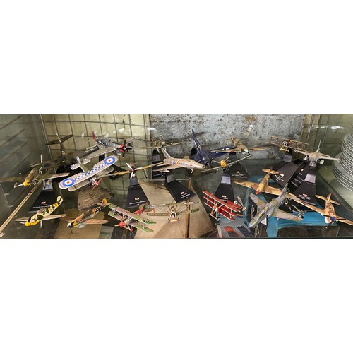 227 - TWO SHELVES OF DIECAST MODELS, MAINLY WWII PLANES, FIGHTER JETS AND BI-PLANES (PLAYWORN)