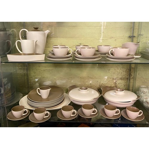 239 - TWO SHELVES - POOLE POTTERY MUSHROOM AND SEPIA TEA AND DINNER SERVICE