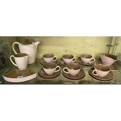 239 - TWO SHELVES - POOLE POTTERY MUSHROOM AND SEPIA TEA AND DINNER SERVICE