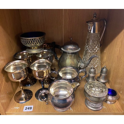 249 - PIGEONHOLE - SILVER PLATED GOBLETS, MILK JUG, SUGAR BOWL, AND A CLARET JUG