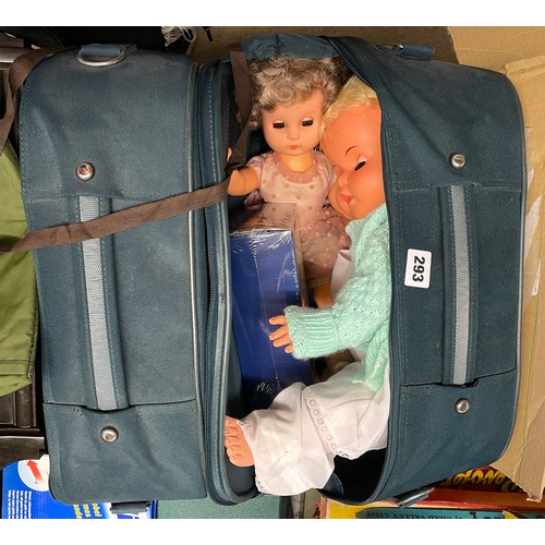 293 - TWO ANTLER TRAVEL BAGS AND DOLLS