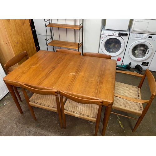 161 - 1960S DANISH TEAK RECTANGULAR DINING TABLE AND SIX ROPE CORD UPHOLSTERED CHAIRS INC TWO ELBOW CHAIRS