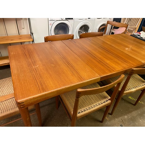 161 - 1960S DANISH TEAK RECTANGULAR DINING TABLE AND SIX ROPE CORD UPHOLSTERED CHAIRS INC TWO ELBOW CHAIRS