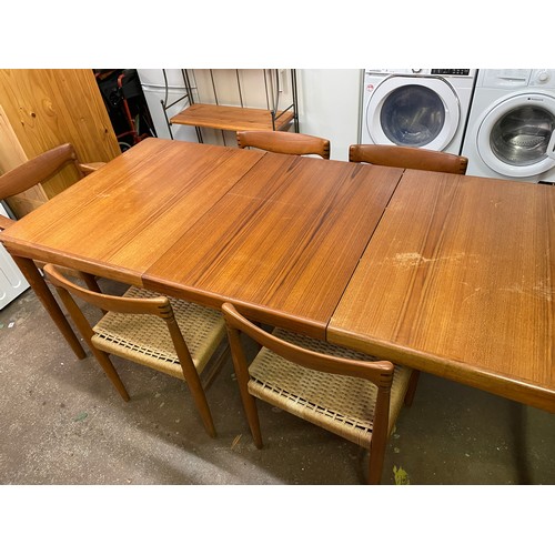 161 - 1960S DANISH TEAK RECTANGULAR DINING TABLE AND SIX ROPE CORD UPHOLSTERED CHAIRS INC TWO ELBOW CHAIRS