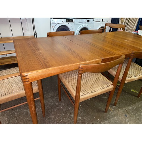 161 - 1960S DANISH TEAK RECTANGULAR DINING TABLE AND SIX ROPE CORD UPHOLSTERED CHAIRS INC TWO ELBOW CHAIRS