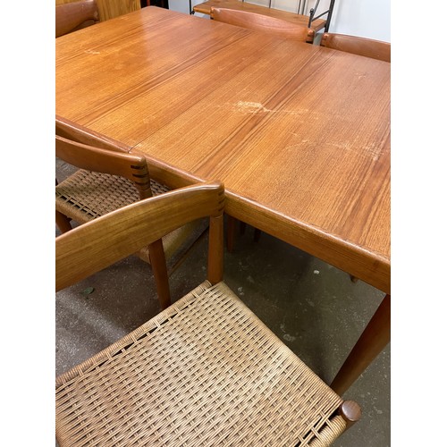 161 - 1960S DANISH TEAK RECTANGULAR DINING TABLE AND SIX ROPE CORD UPHOLSTERED CHAIRS INC TWO ELBOW CHAIRS