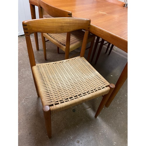 161 - 1960S DANISH TEAK RECTANGULAR DINING TABLE AND SIX ROPE CORD UPHOLSTERED CHAIRS INC TWO ELBOW CHAIRS