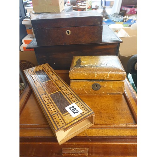 262 - SELECTION OF VICTORIAN AND LATER WORK BOXES AND A CRIBBAGE BOARD