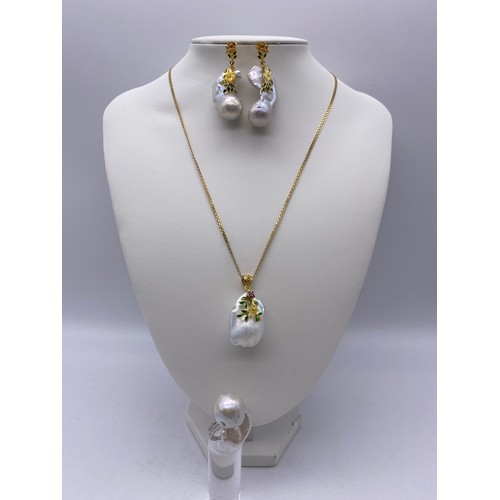 400 - 925 SILVER GILT MOUNTED SIMULATED PEARL AND ENAMEL PENDANT ON TRACE CHAIN WITH MATCHING EARRINGS