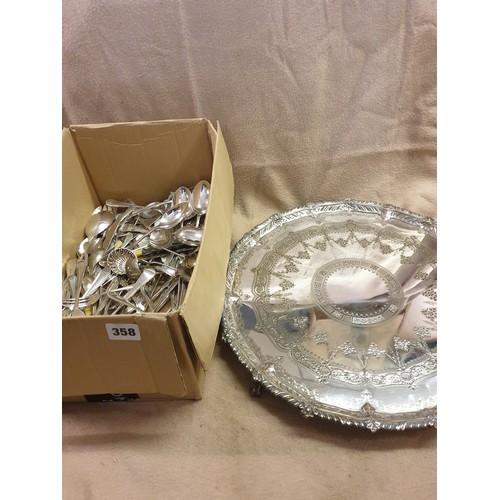 358 - BOX OF PLATED CUTLERY AND ASSORTED FLATWARE AND AN A1 GIBSON AND CO LIMITED PLATED ENGRAVED SALVER