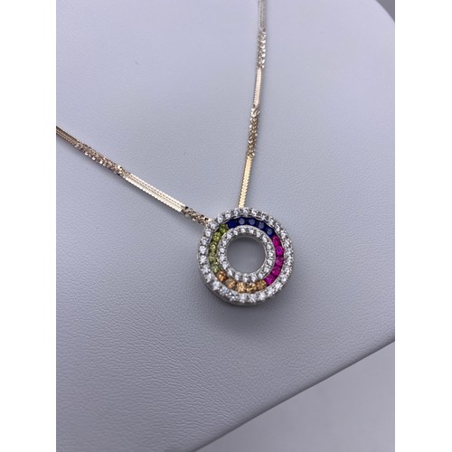 405 - SILVER MULTI STONE DISC PENDANT ON CHAIN WITH MATCHING DROPPER EARRINGS AND DRESS RING