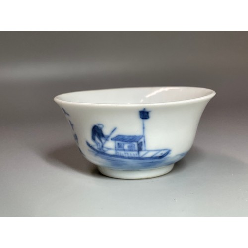 529 - MINIATURE CHINESE BOWL BLUE AND WHITE DECORATED WITH FIGURE IN A BOAT IN LANDSCAPE FOUR CHARACTER MA... 