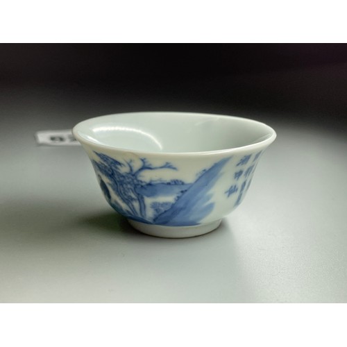 529 - MINIATURE CHINESE BOWL BLUE AND WHITE DECORATED WITH FIGURE IN A BOAT IN LANDSCAPE FOUR CHARACTER MA... 