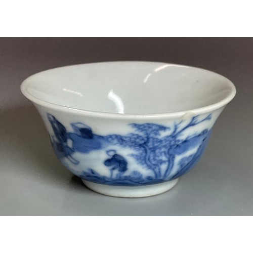 529 - MINIATURE CHINESE BOWL BLUE AND WHITE DECORATED WITH FIGURE IN A BOAT IN LANDSCAPE FOUR CHARACTER MA... 