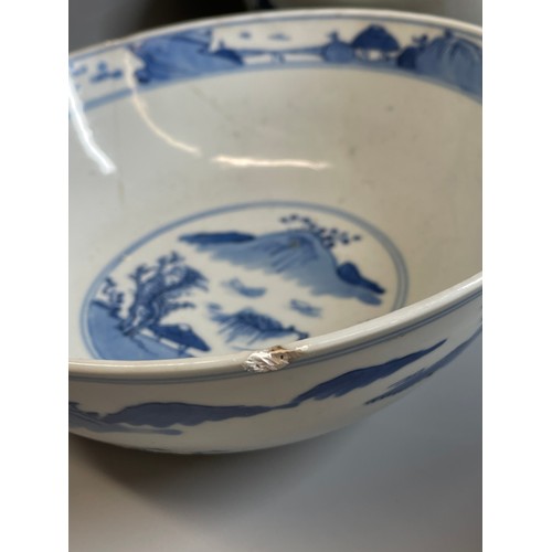 528 - TWO 19TH CENTURY CHINESE BLUE AND WHITE BOWLS ONE DECORATED WITH DRAGONS CHASING THE FLAMING PEARL, ... 