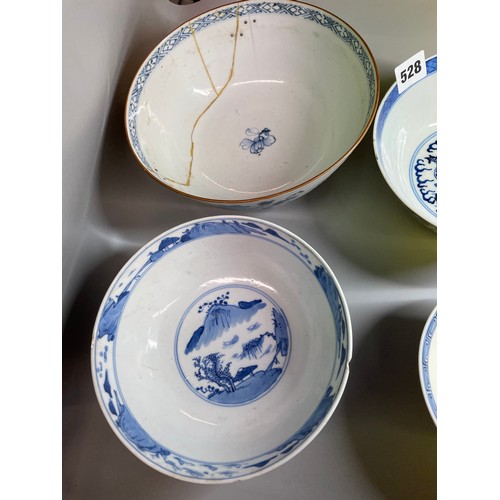 528 - TWO 19TH CENTURY CHINESE BLUE AND WHITE BOWLS ONE DECORATED WITH DRAGONS CHASING THE FLAMING PEARL, ... 