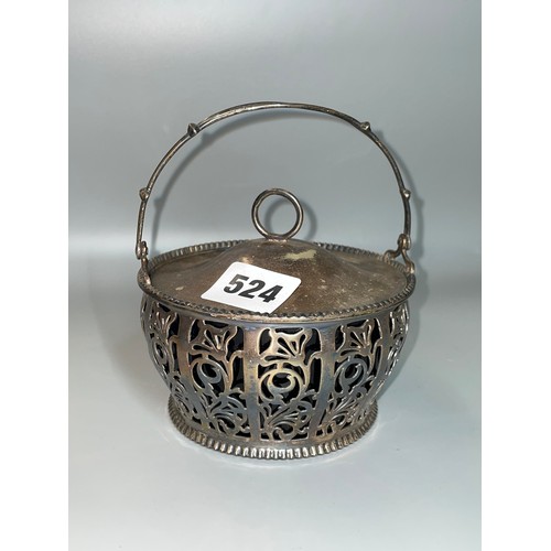 524 - BIRMINGHAM SILVER FILIGREE BASKET AND COVER WITH BLUE GLASS LINER (H: 10cm D: 11cm)