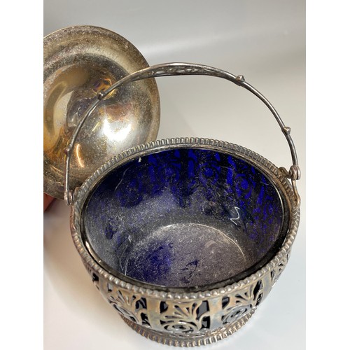 524 - BIRMINGHAM SILVER FILIGREE BASKET AND COVER WITH BLUE GLASS LINER (H: 10cm D: 11cm)