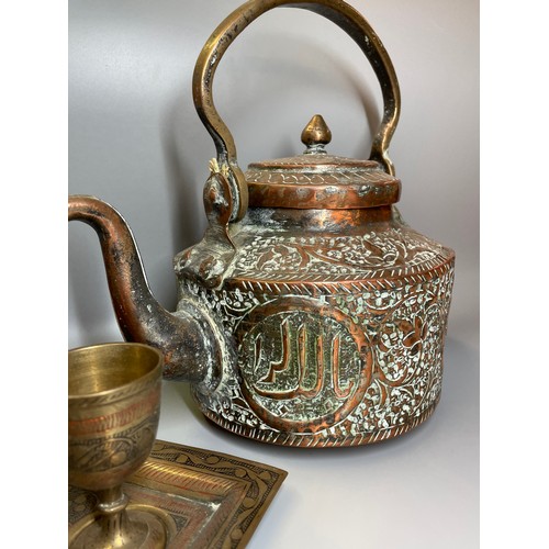 498 - EASTERN COPPER REPOUSSE KETTLE AND ENAMEL BRASS METALWARE GOBLETS ON TRAY