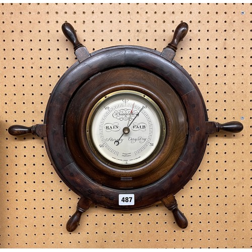 487 - SHORT AND MASON SHIPS WHEEL MOUNTED BAROMETER