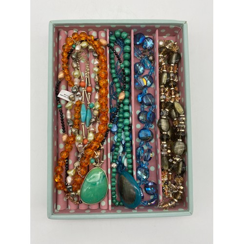 464 - GREEN STACK BOX OF VARIOUS COSTUME JEWELLERY SETS AND EARRINGS AND NECKLACE SETS, BANGLES, BEADS, ST... 