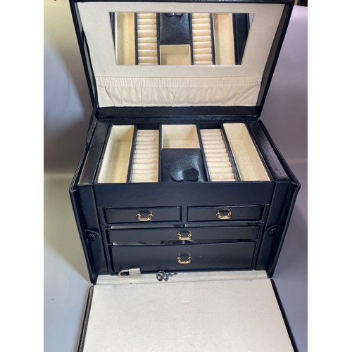 362 - BLACK VINYL JEWELLERY BOX WITH FALL FLAP AND KEY