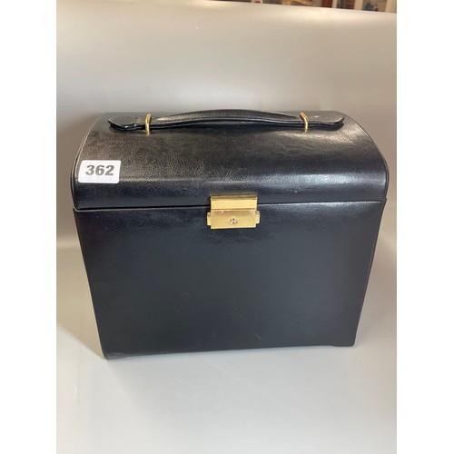 362 - BLACK VINYL JEWELLERY BOX WITH FALL FLAP AND KEY