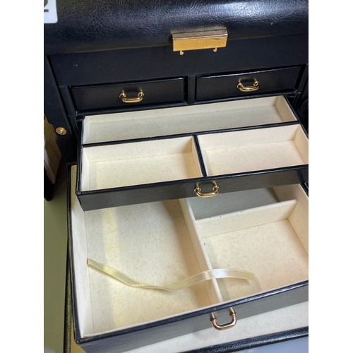 362 - BLACK VINYL JEWELLERY BOX WITH FALL FLAP AND KEY