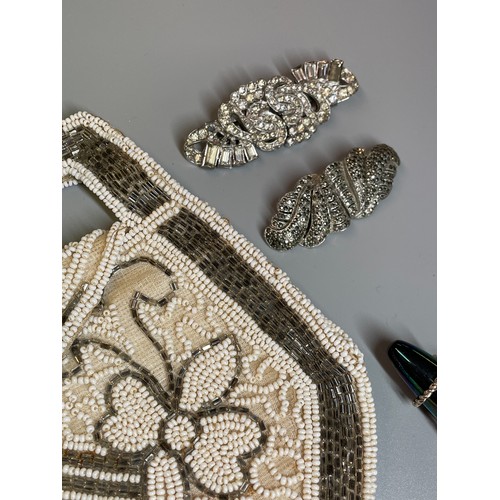 393 - SELECTION OF WHITE METAL AND MARCASITE CLIPS, SCREW BACK EARRINGS, HAT PIN AND A SEQUIN BEADED PURSE