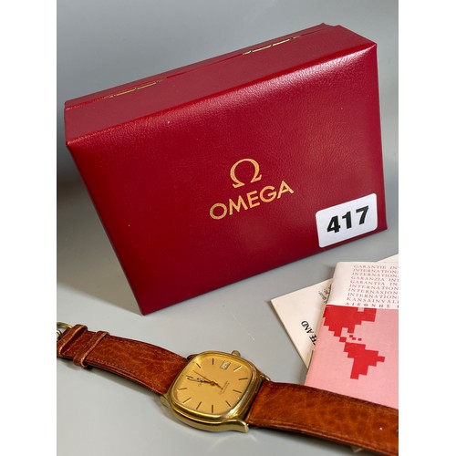 417 - BOXED GENTS OMEGA SEAMASTER QUARTZ CALIBRE 142 WRIST WATCH WITH CERTIFICATE ON LEATHER STRAP