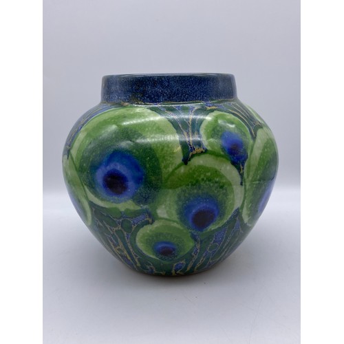 315A - JANICE TCHALENKO (1942-2018) FOR DARTINGTON POTTERY PEACOCK DESIGN BULBOUS VASE 19CM H