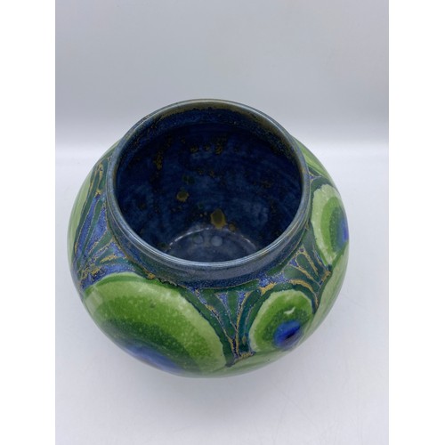 315A - JANICE TCHALENKO (1942-2018) FOR DARTINGTON POTTERY PEACOCK DESIGN BULBOUS VASE 19CM H